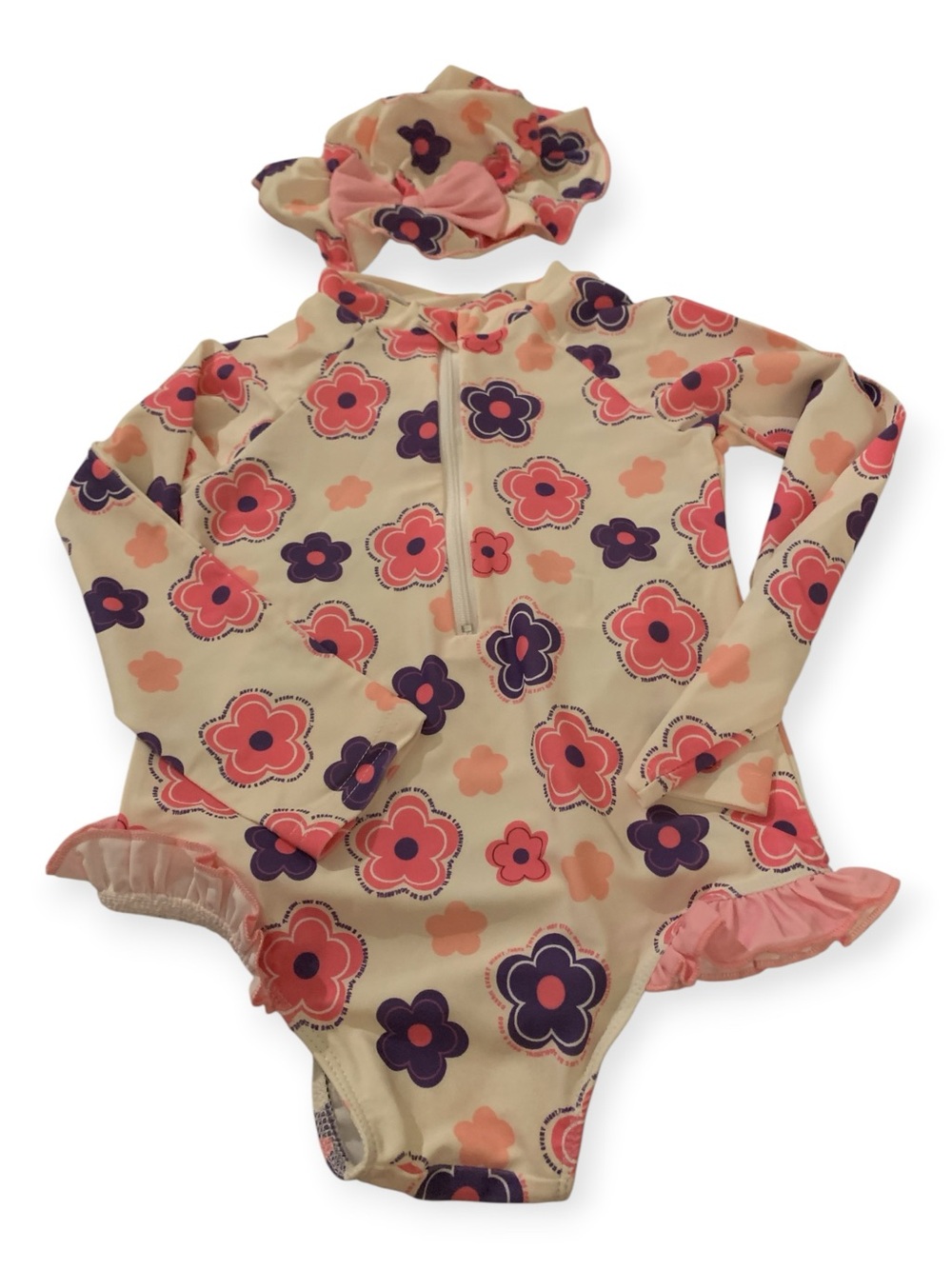 Kids Long Sleeve Floral Rash Guard Swimsuit with cap - Pink/Peach